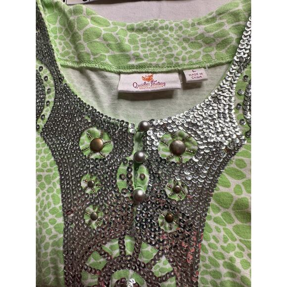 Quacker Factory Large Green White Tunic Silver Sequined Trim At Neck - Picture 6 of 11